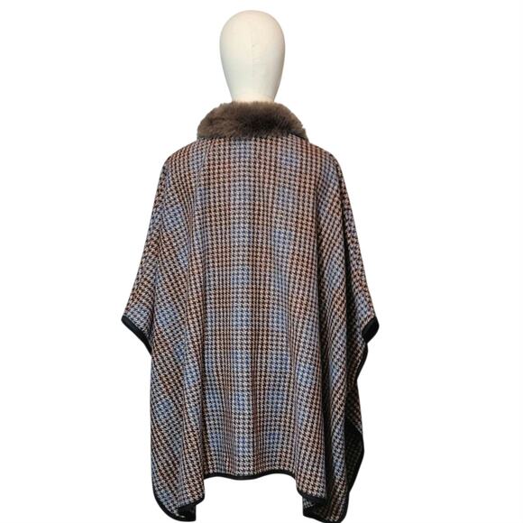 Jones New York Houndstooth Cape Faux Fur Collar Brown and Blue Classic Fall OS - Picture 11 of 13